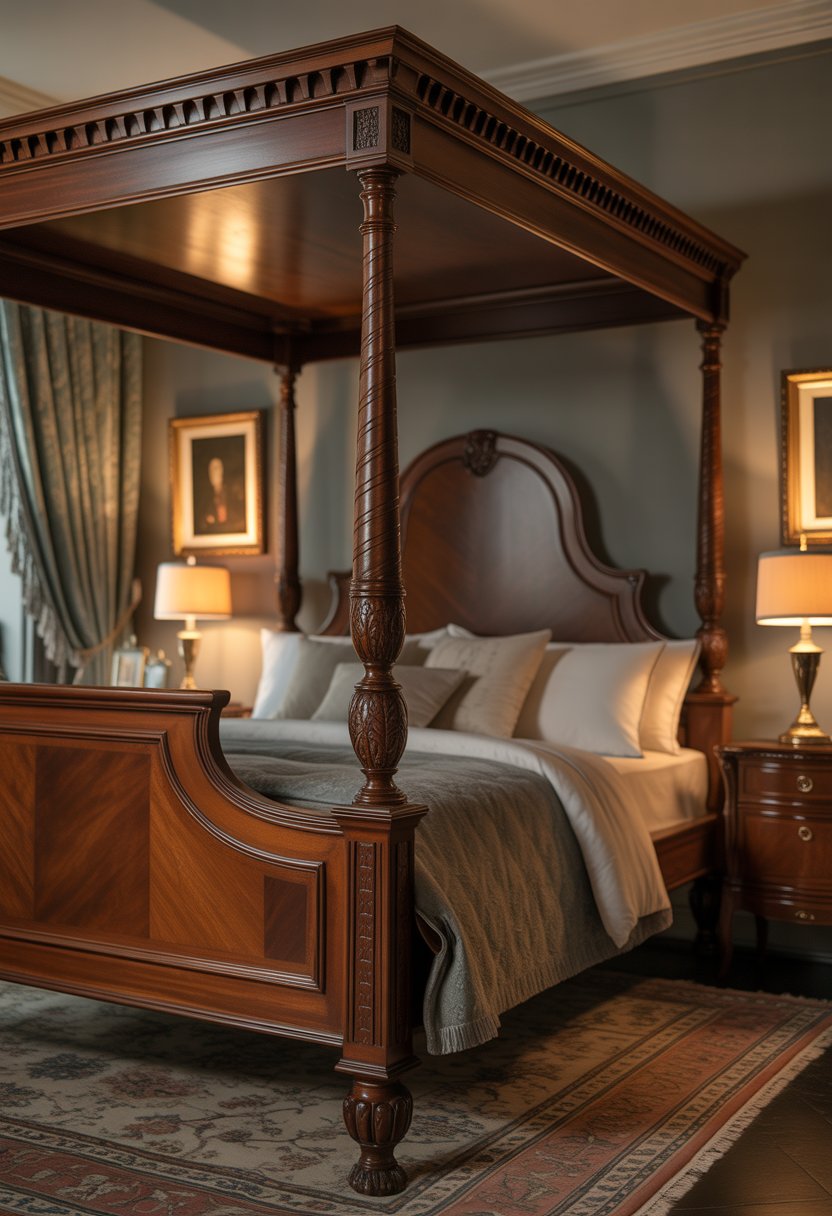 A bedroom with an antique wooden four-poster bed surrounded by classic furniture and warm lighting.