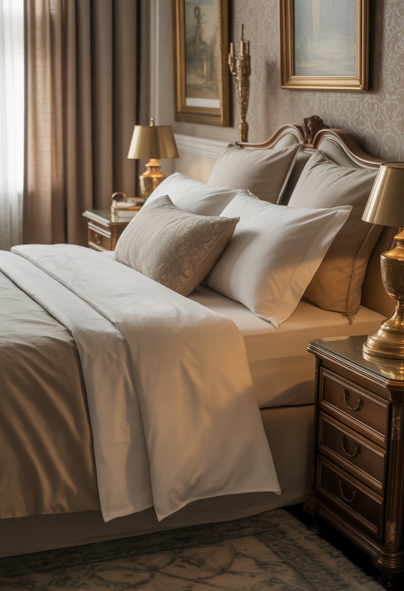 A neatly made bed with layered white sheets and pillows in a bedroom with wooden furniture and soft natural light.