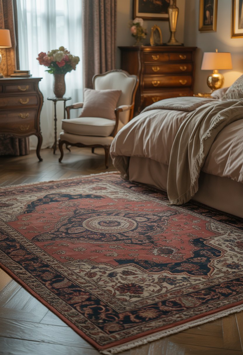 A bedroom with a large bed, wooden furniture, a patterned red area rug, and soft natural light coming through sheer curtains.