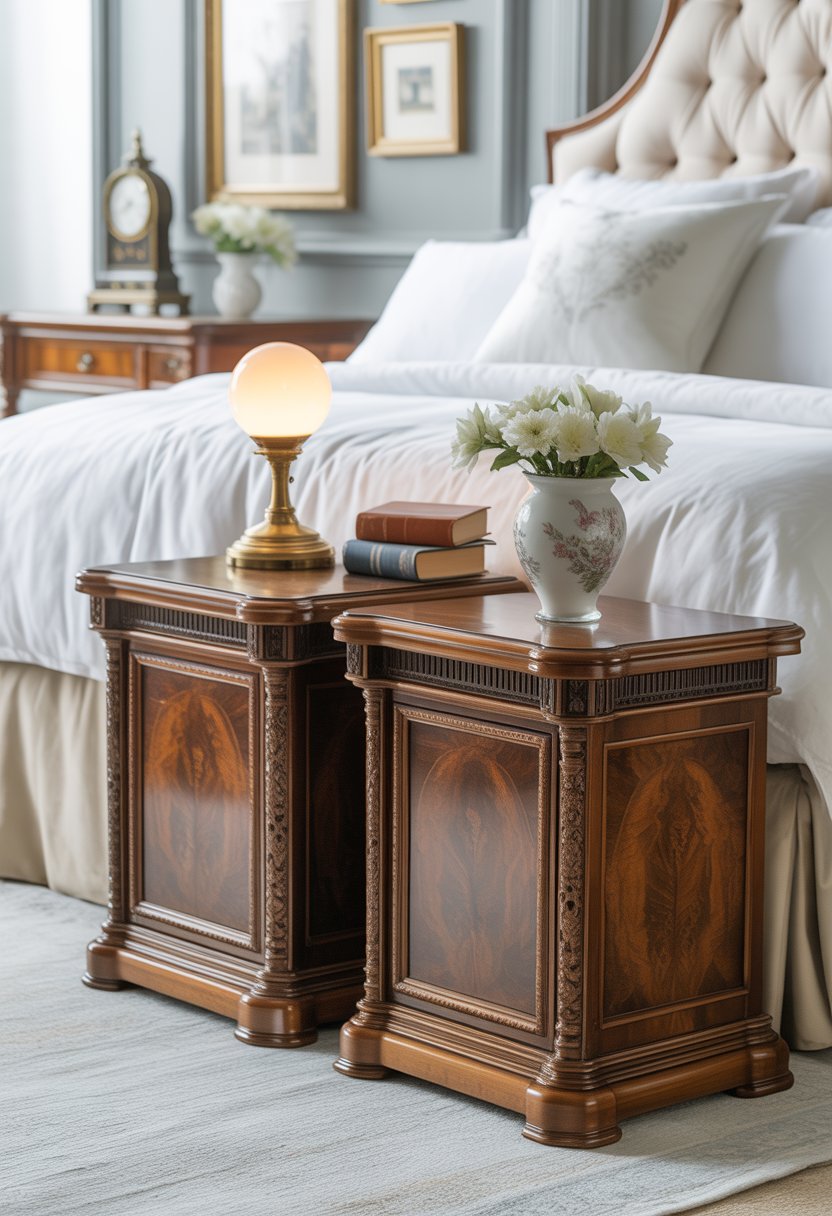 A bedroom scene with two carved solid wood bedside tables next to a bed, each holding lamps, books, and flowers.