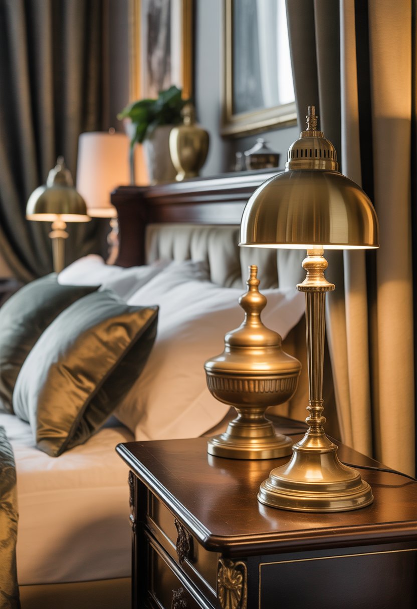 A bedroom with brass and gold vintage lamps on bedside tables, a neatly made bed, and elegant furniture.