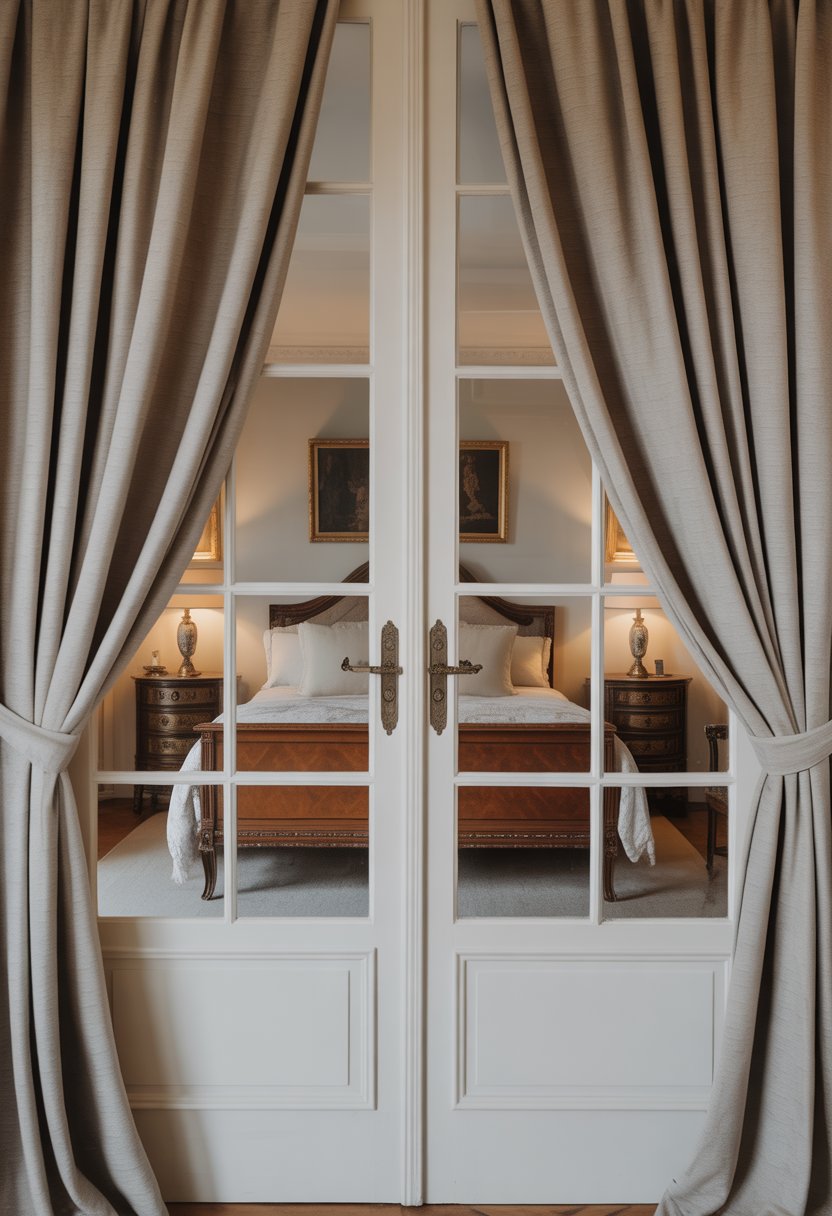 A bedroom with French doors and heavy linen curtains, featuring a wooden bed and vintage furnishings.