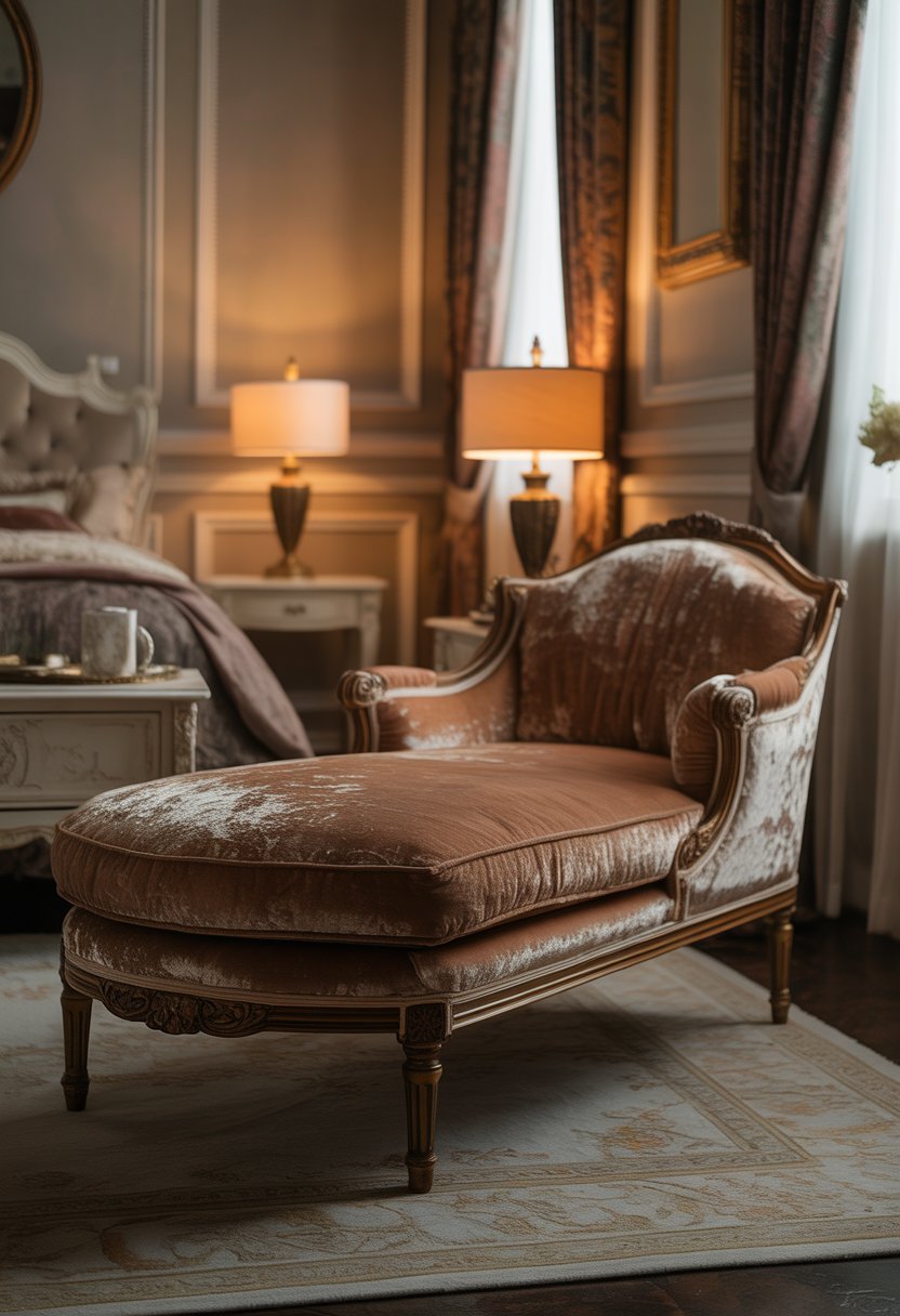 A velvet chaise lounge with carved wooden details in a bedroom with antique furniture and soft natural light.