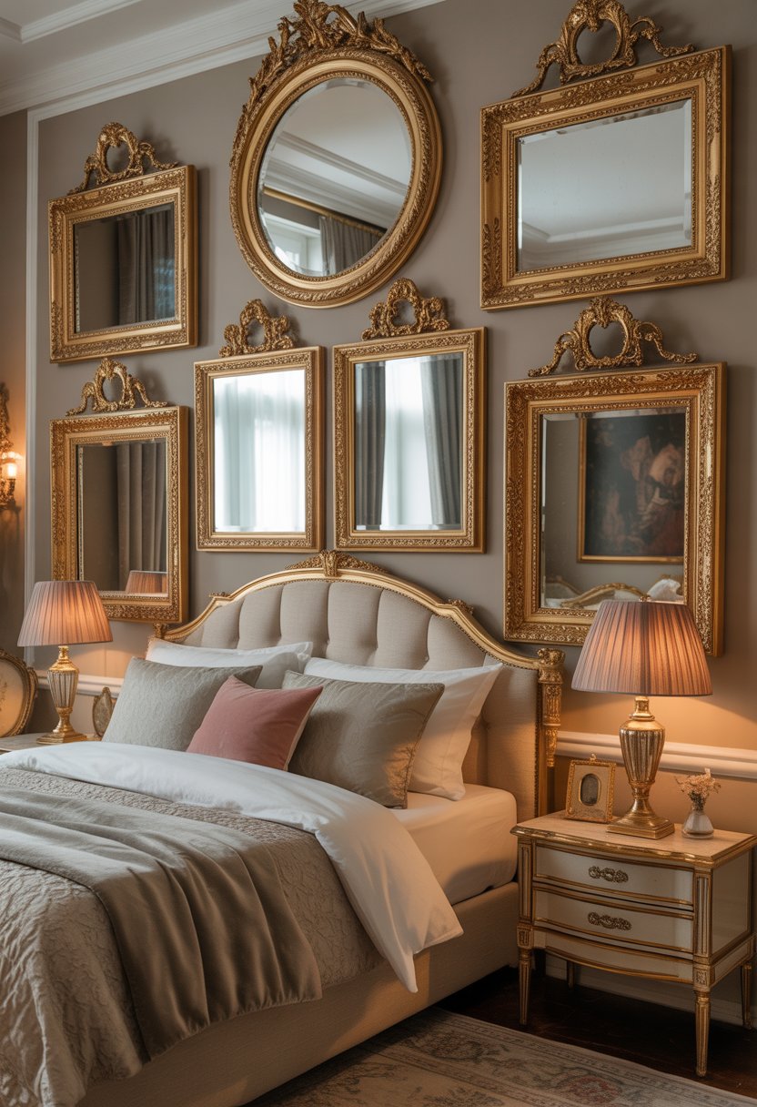 A bedroom with several gold-framed ornate wall mirrors hanging on the walls, featuring plush bedding and vintage furniture.