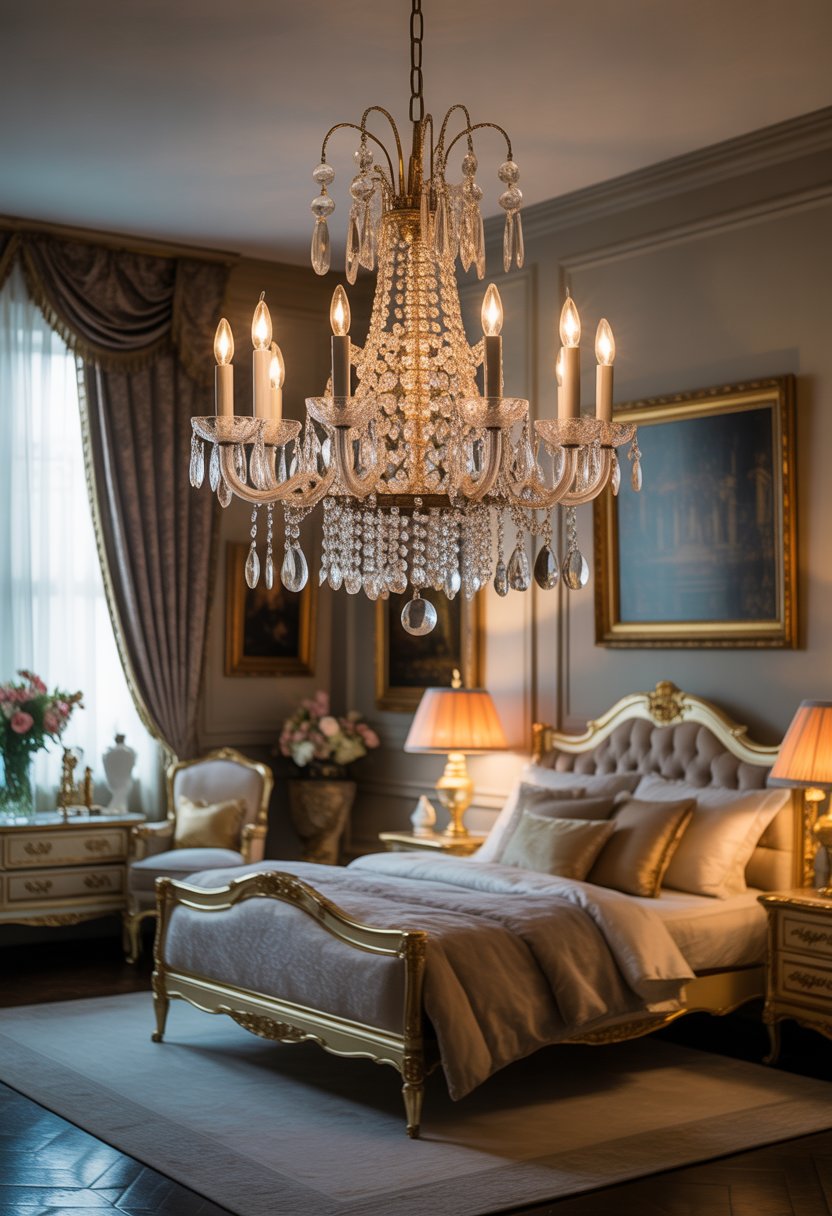 A bedroom with a crystal chandelier hanging above an ornate bed and elegant furniture.