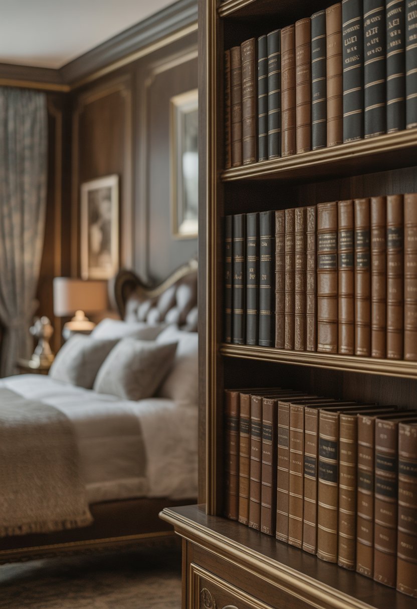 Leather-bound vintage books on wooden shelves in a bedroom with dark wood furniture and warm lighting.