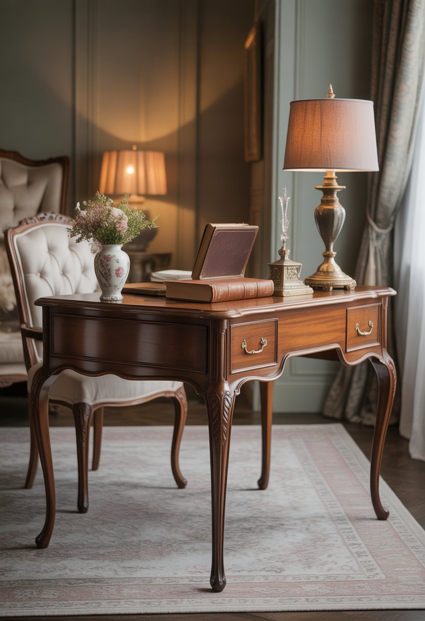 A traditional wooden writing desk with curved legs in a bedroom, surrounded by a chair, lamp, books, and flowers.