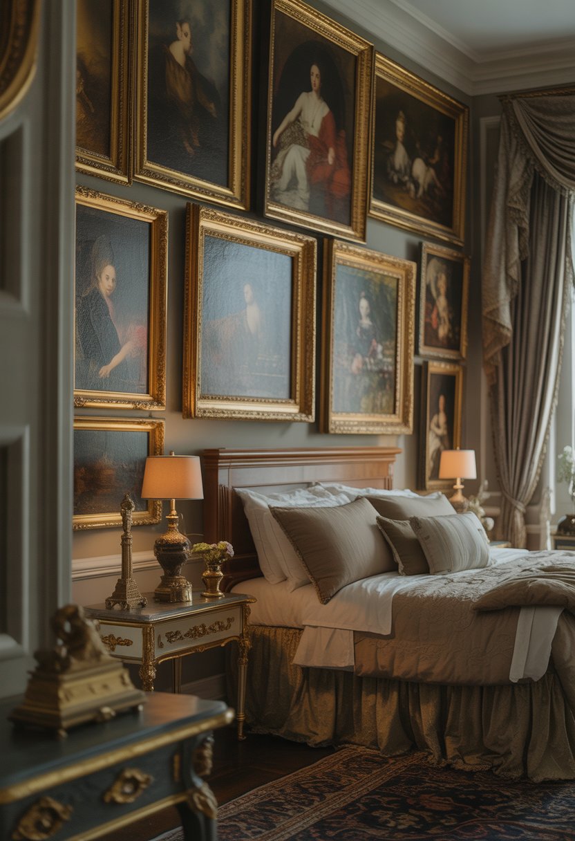 A bedroom with a wooden bed, elegant bedding, and several framed oil paintings hanging on the wall above the headboard.