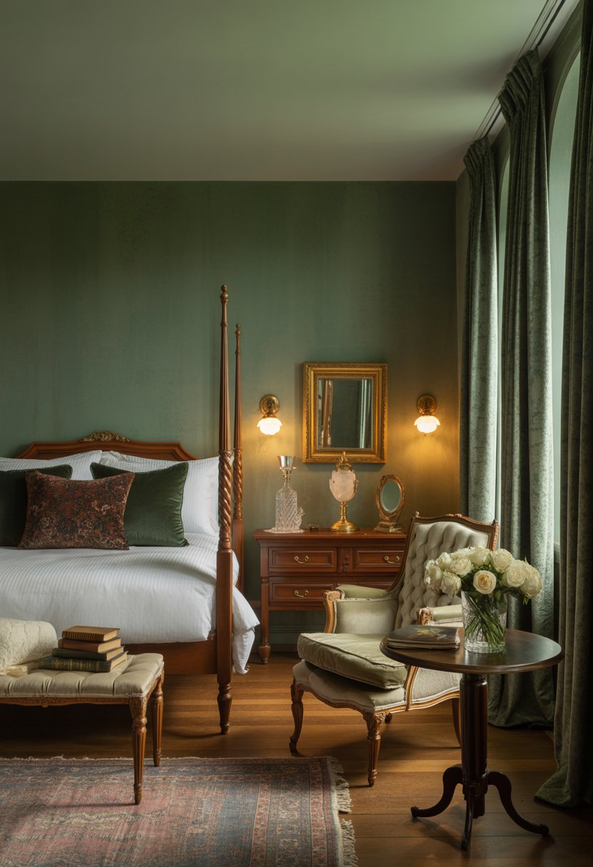 A bedroom with muted forest green walls, a wooden four-poster bed, bedside lamps, a patterned rug, velvet curtains, and classic furniture.