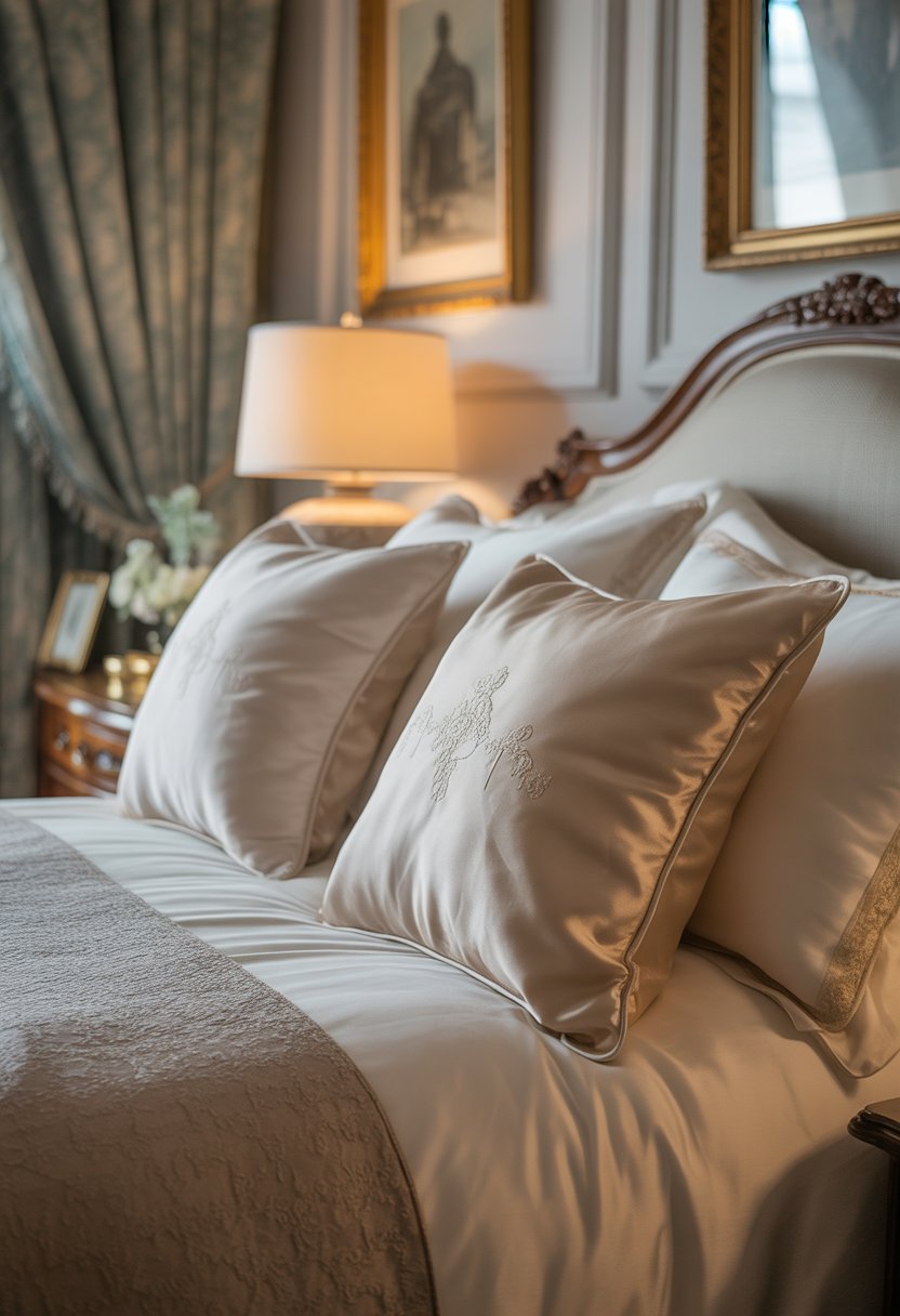 A bedroom with silk throw pillows featuring subtle embroidery arranged on a bed with classic furniture and warm lighting.