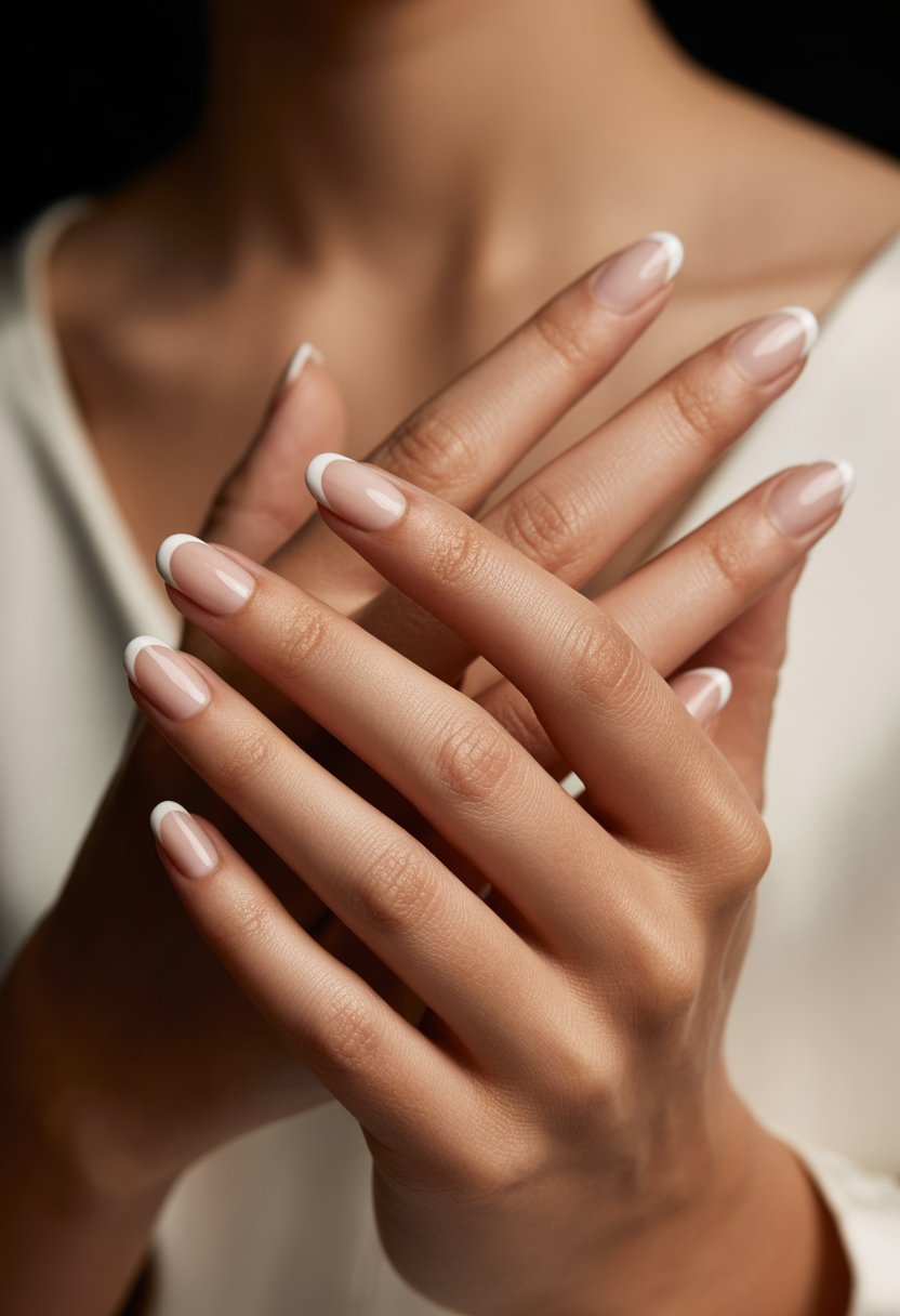 Close-up of a woman's hands with neatly manicured French tip nails against a soft neutral background.