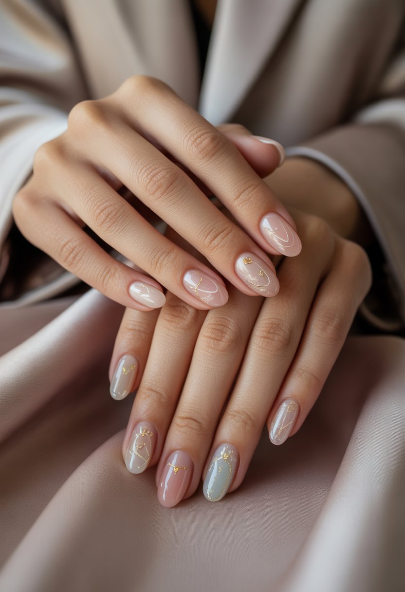 Close-up of a woman's hands with translucent pastel jelly nails featuring subtle gold accents and classic shapes resting on a soft neutral fabric.