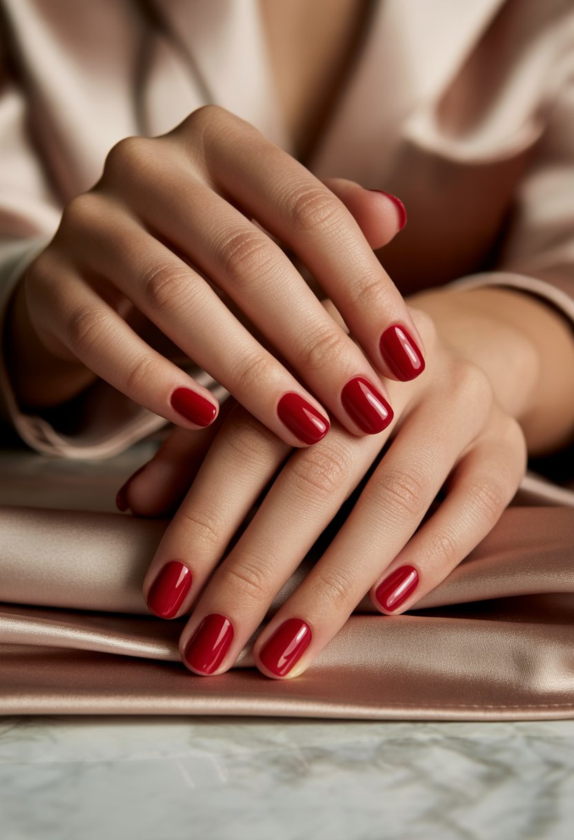 Close-up of a woman's hands with classic red polished nails resting on a luxurious surface.