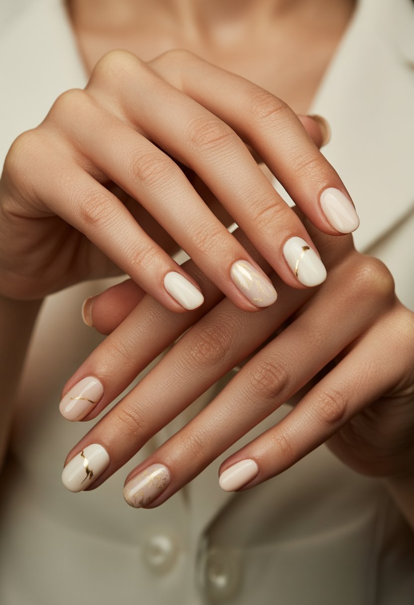 Close-up of a woman's hands with neatly manicured nails in creamy vanilla shades, resting on a soft neutral background.