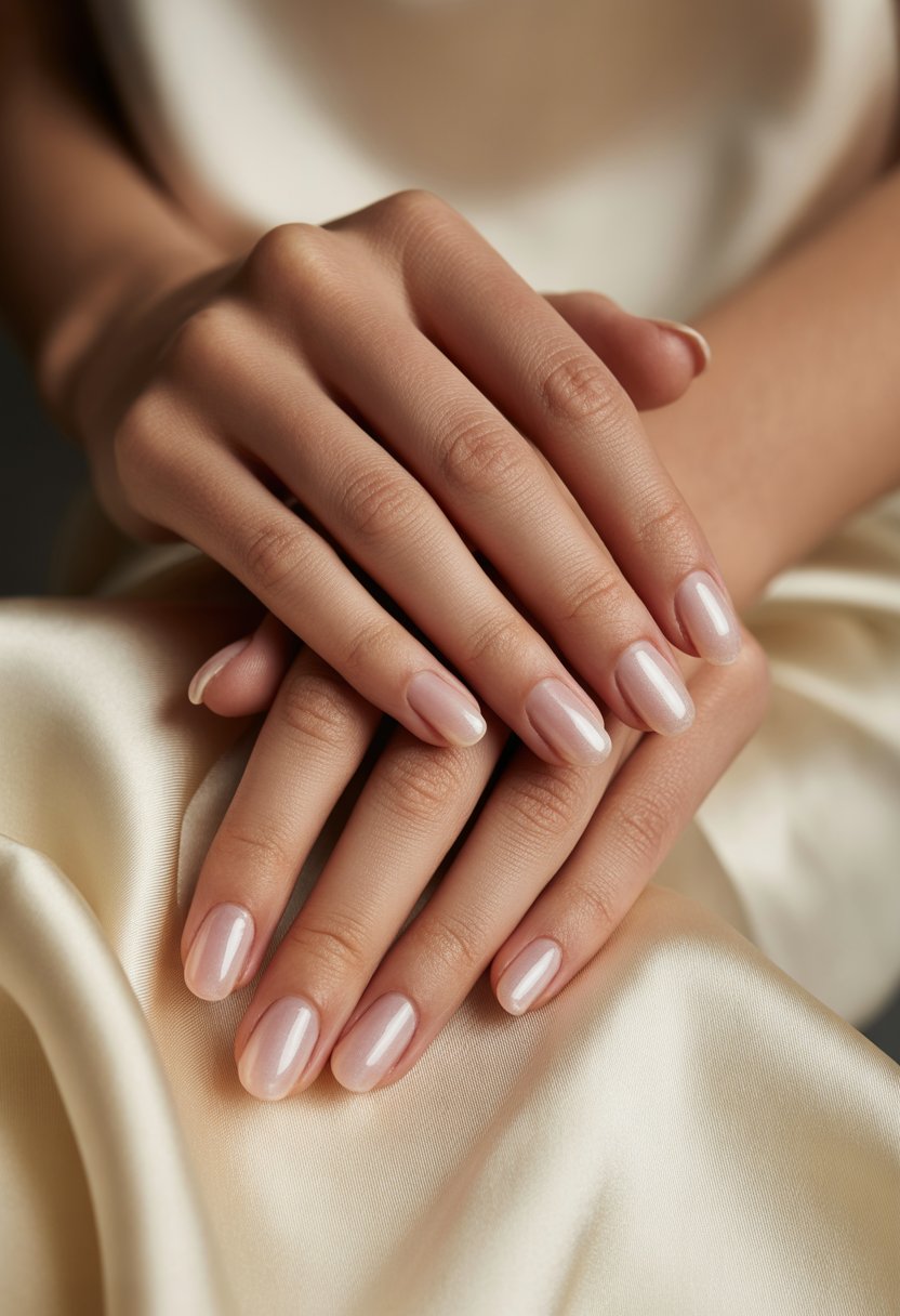 Close-up of a woman's hands with sheer pink polished nails resting on cream-colored silk fabric.