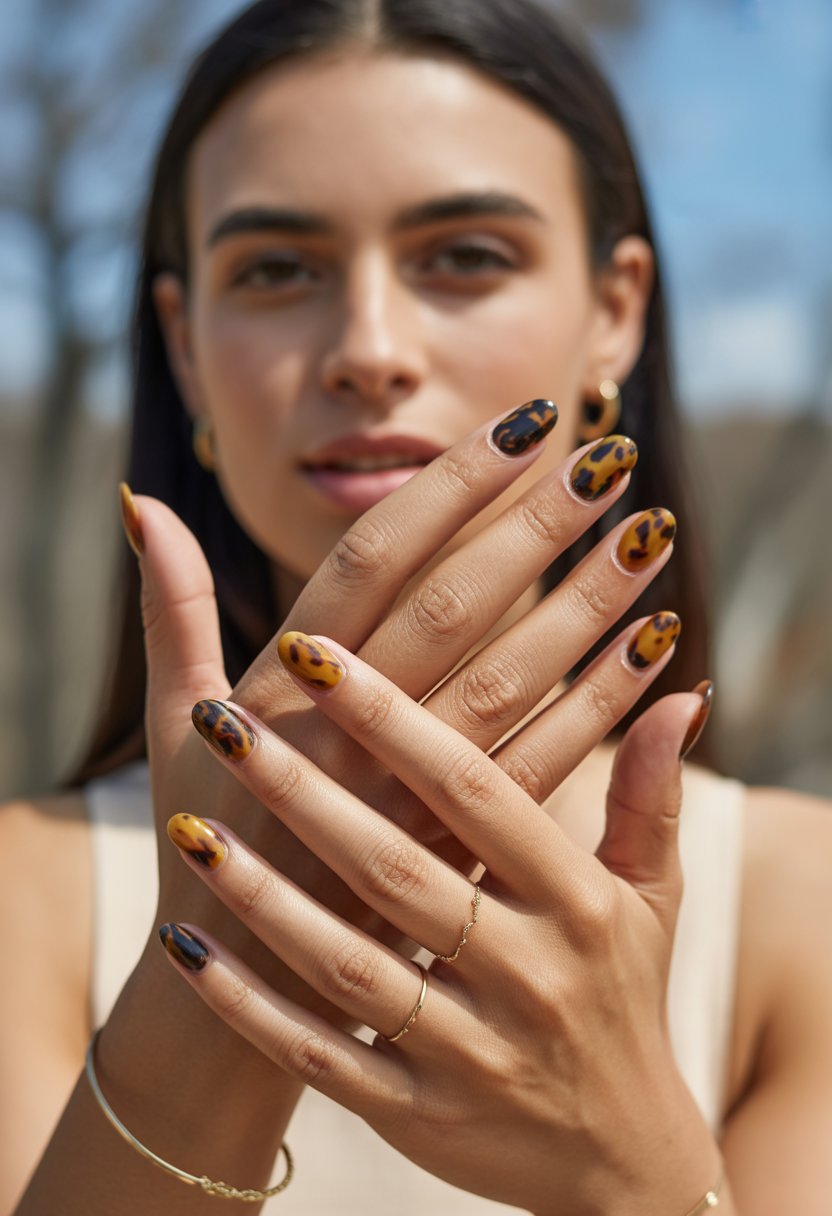 Close-up of a woman's hands showing fifteen different tortoiseshell patterned nails with warm brown and amber colors, posed against a soft neutral background.