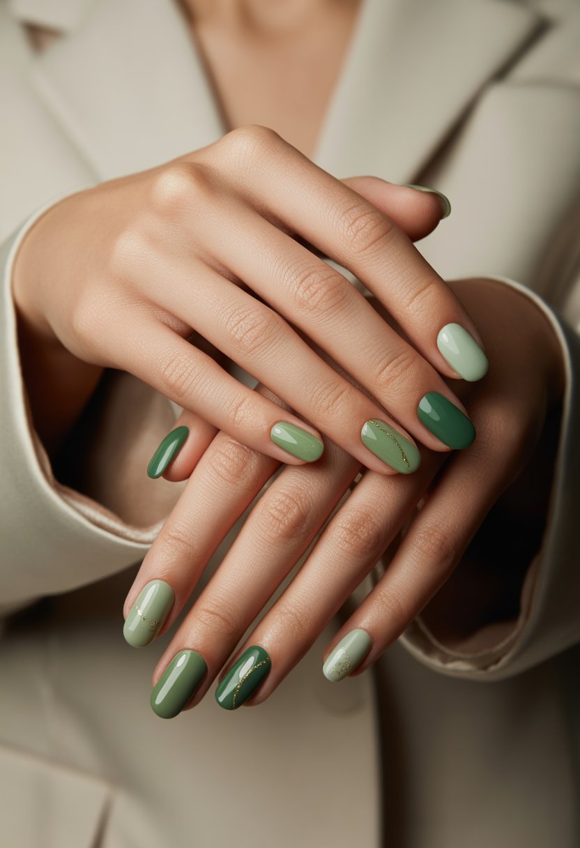 Close-up of a woman's hands with neatly manicured green nails in various elegant shapes, resting gently against a soft background.