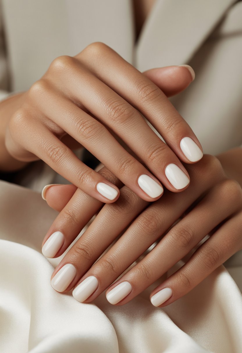 Close-up of a woman’s hands with milky white manicured nails resting on a neutral background.