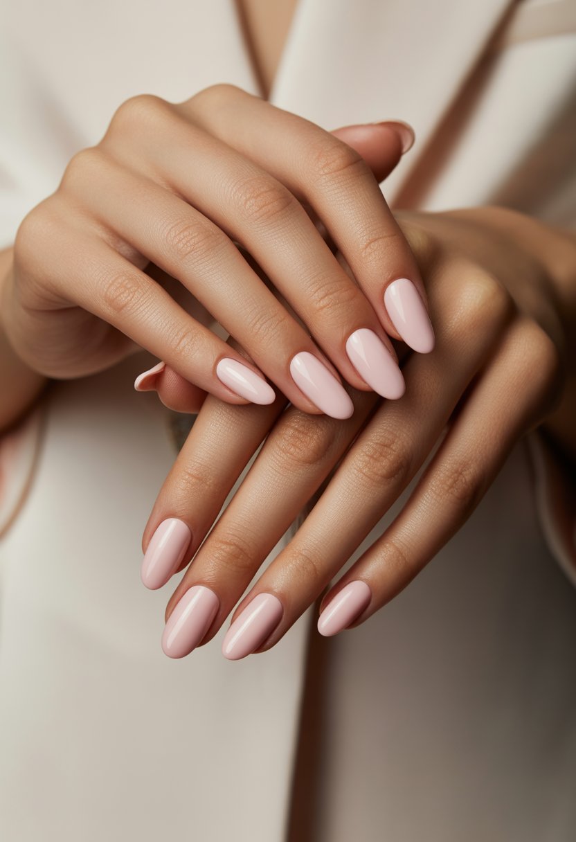 Close-up of a woman's hands with soft pink almond-shaped nails resting on a light background.