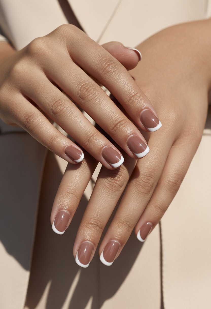 Close-up of a woman's hands with brown French tip manicured nails resting on a beige surface.