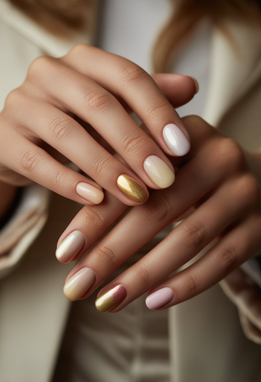 Close-up of a woman's hands with gradient ombré nails in soft beige and gold tones.