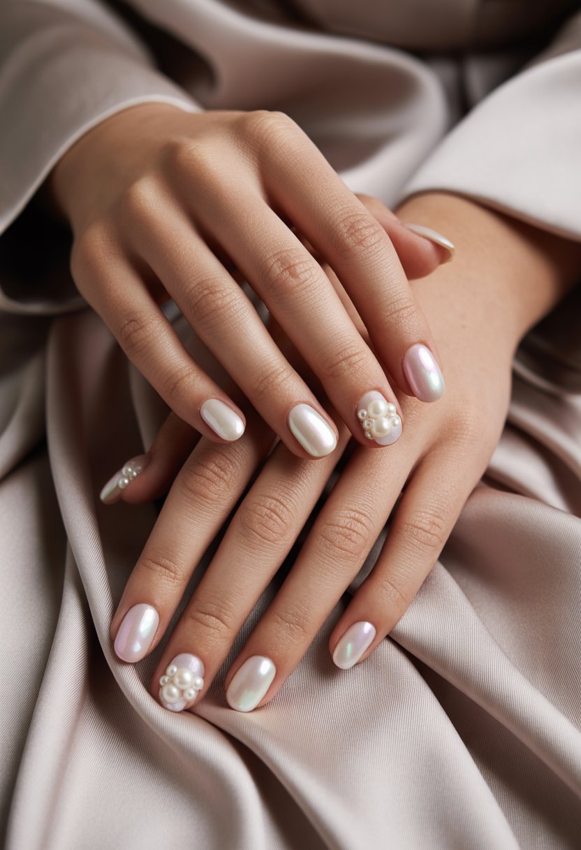 Close-up of a woman's hands with elegant nails decorated with small pearl accents resting on a neutral fabric background.