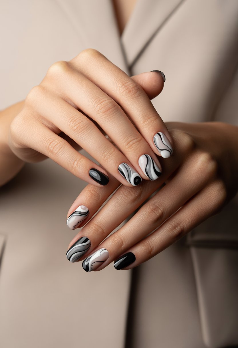Close-up of a woman's hands showing monochrome nails with artistic swirl designs.