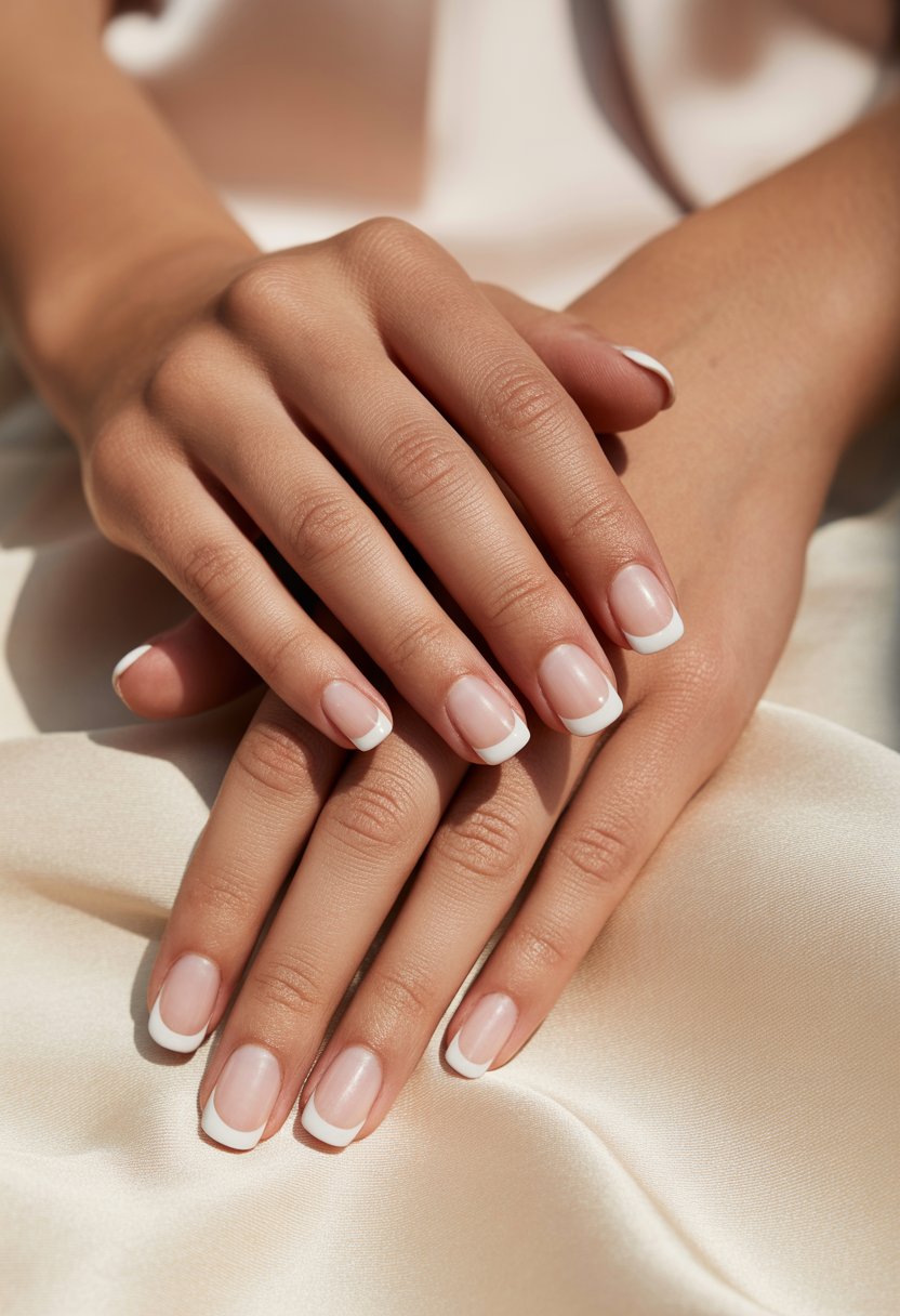 Close-up of a woman's hands with short French tip manicured nails resting on a neutral fabric background.