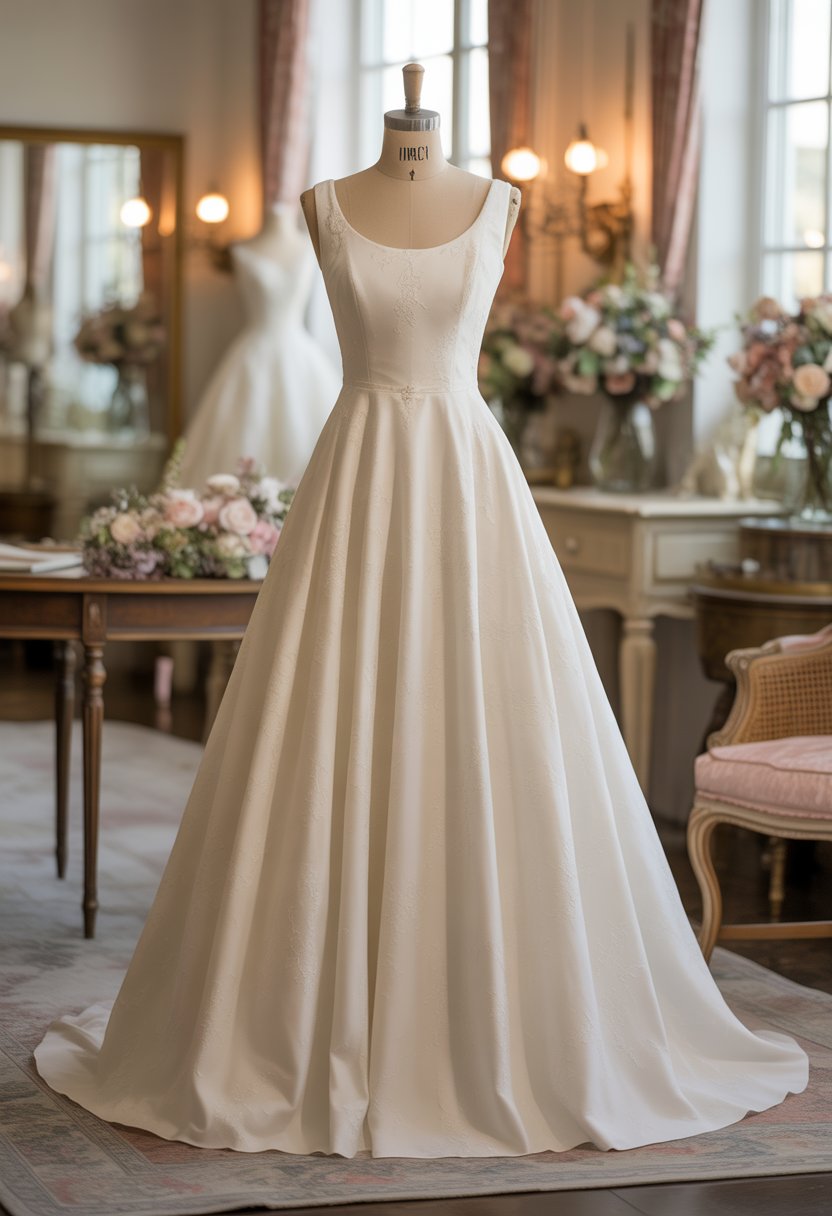 A wedding dress on a mannequin in a softly lit bridal boutique with antique furniture and floral decorations.