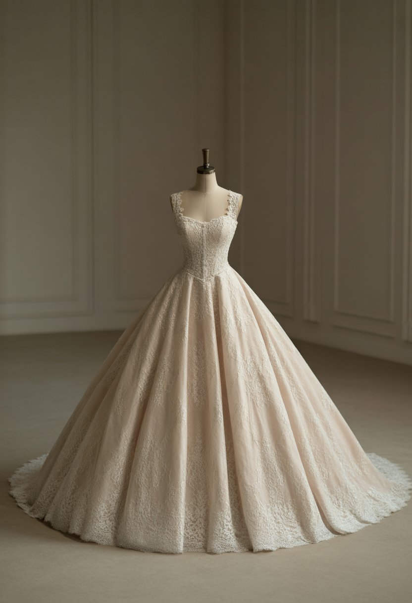 A wedding ballgown with a fitted bodice and a flowing skirt displayed on a mannequin in a studio.