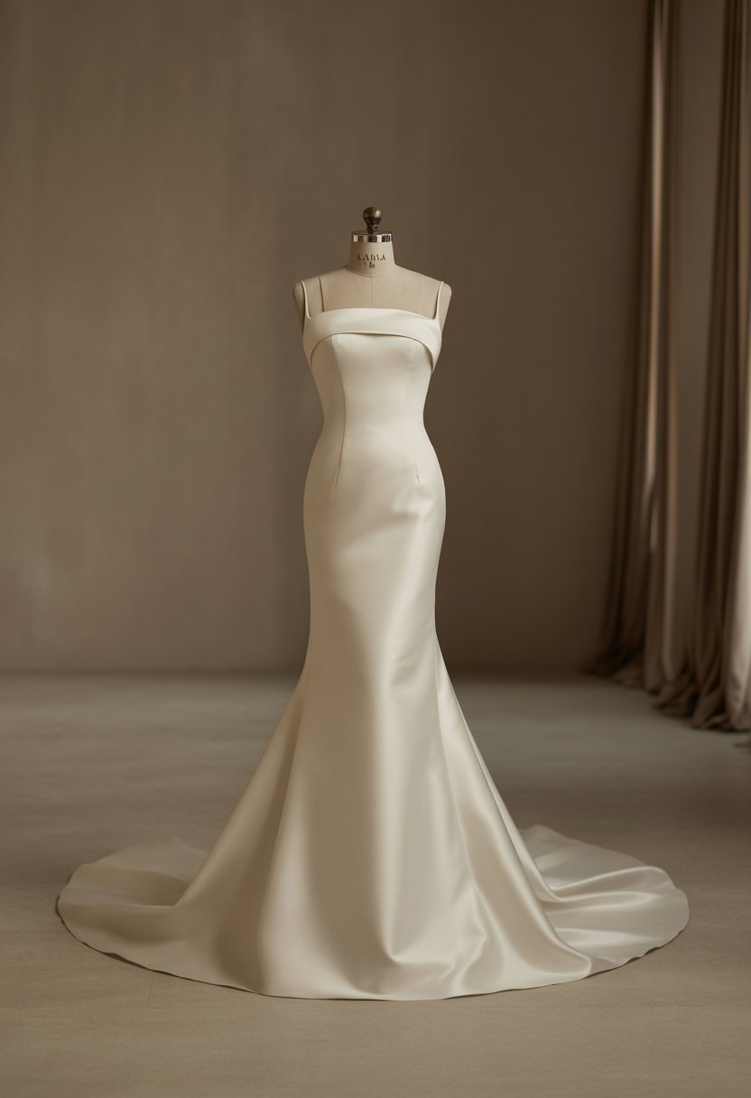 A wedding dress in matte satin displayed on a model standing in a simple studio setting.