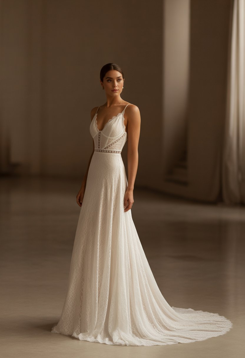 Bride wearing a lace wedding dress with a pointed waist seam, standing gracefully in a softly lit elegant setting.