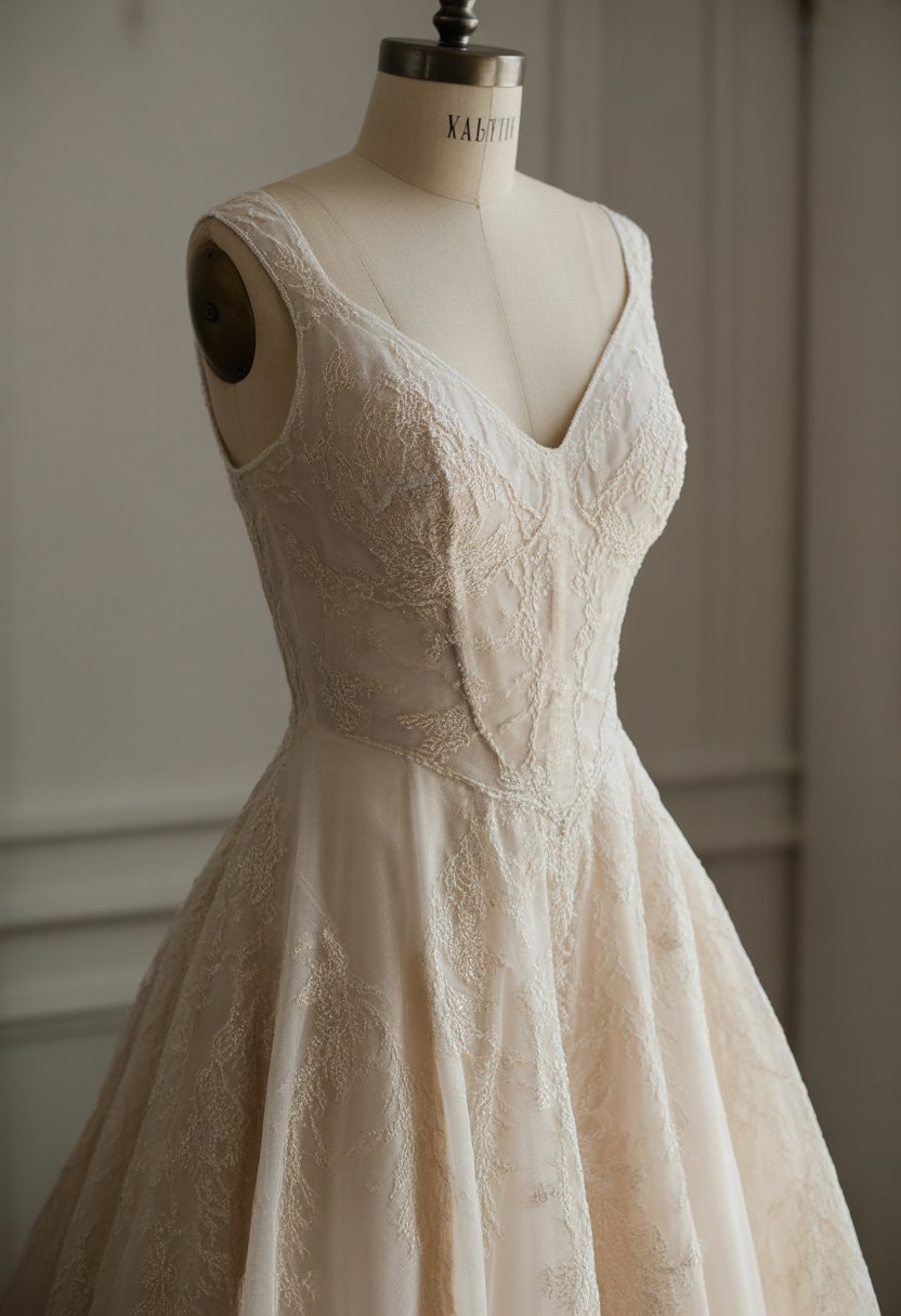 A wedding dress with delicate decorative details displayed on a mannequin in a softly lit studio.