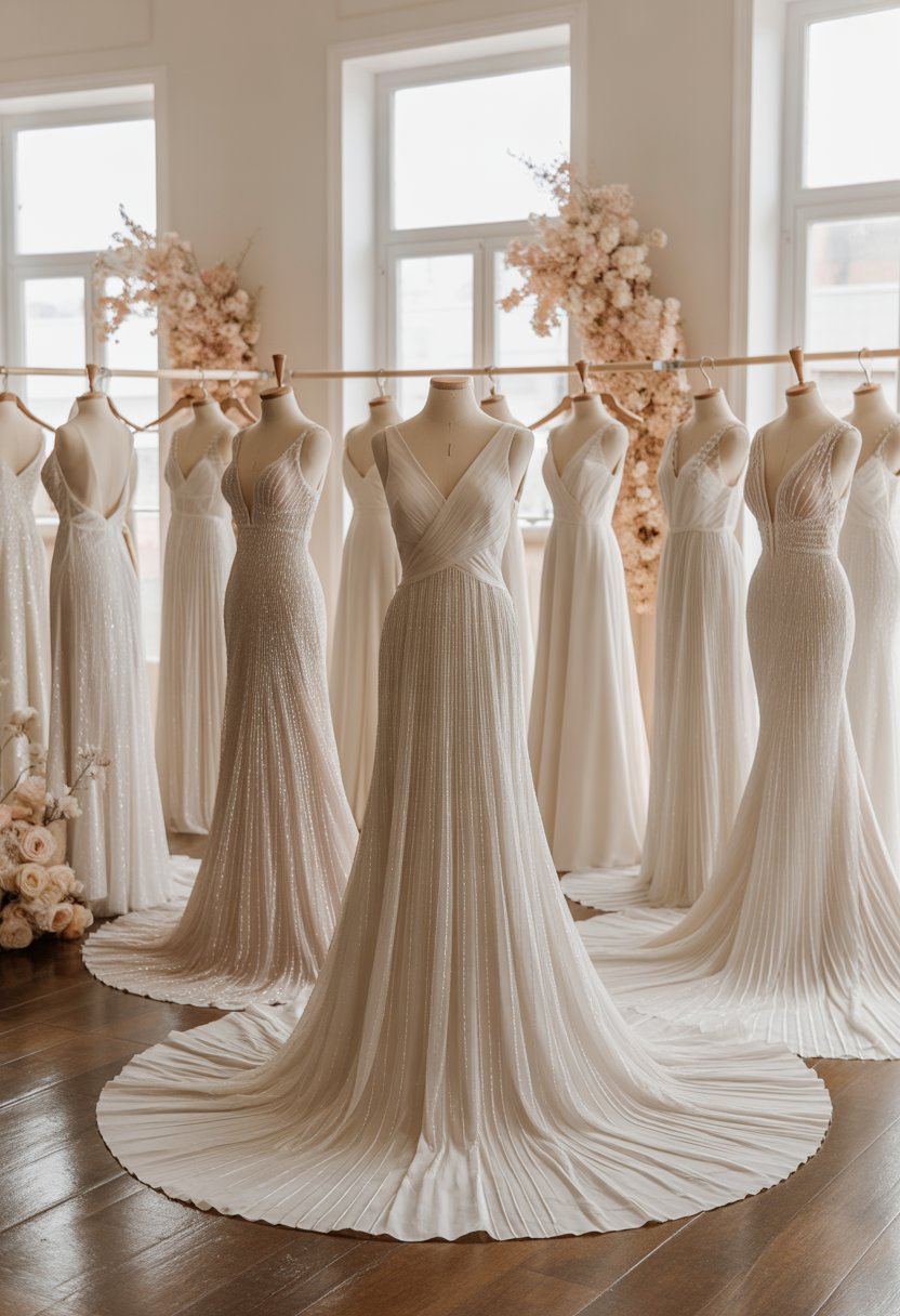 A bright bridal boutique displaying 15 elegant wedding dresses with pleats and draping on mannequins and hangers.
