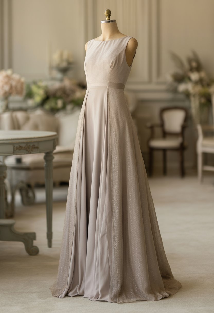 A floor-length wedding dress in neutral tones displayed in a softly lit classic interior with vintage decor.