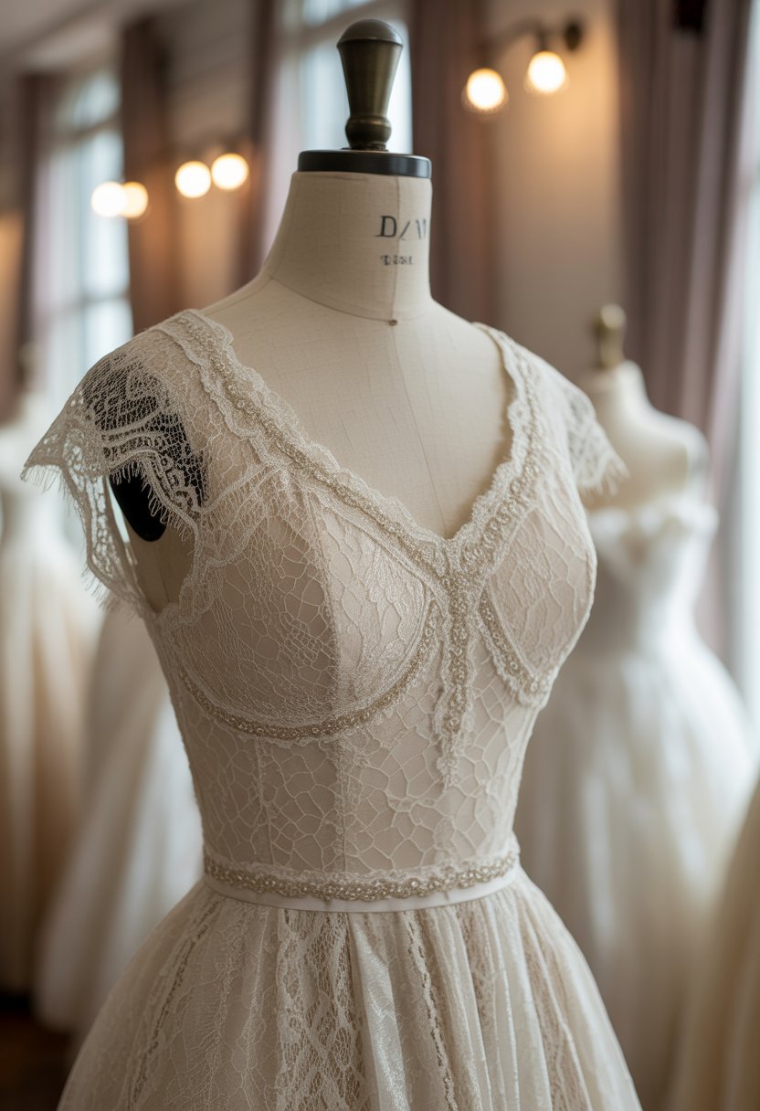 A vintage lace wedding dress with beadwork displayed on a mannequin in a bridal boutique.