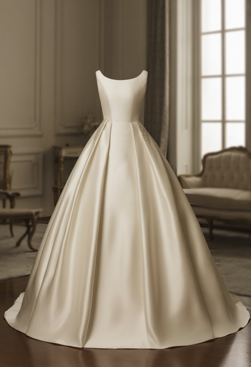 A silk satin ballgown wedding dress displayed on a mannequin in an elegant room with soft natural light.