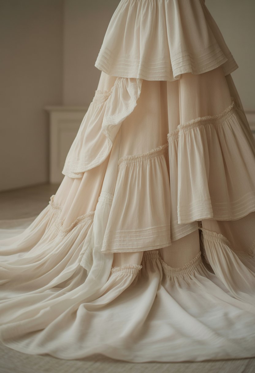 A wedding dress with gathered skirts and soft layered fabric displayed on a mannequin.