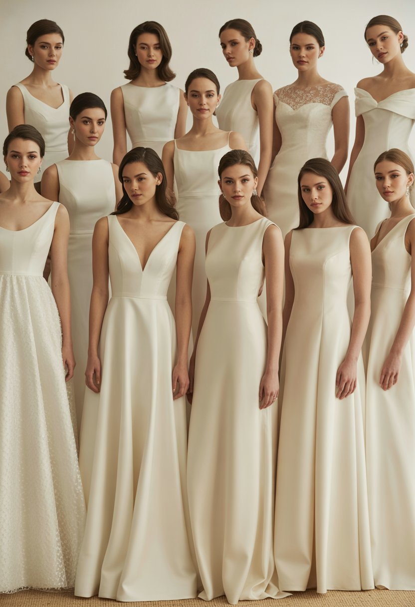 Fifteen women wearing cream and ivory wedding dresses standing together in a bright studio.