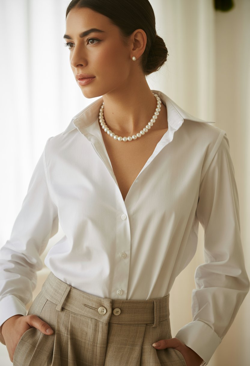 A woman wearing a pearl necklace, white button-down shirt, and tailored trousers, standing against a neutral background.