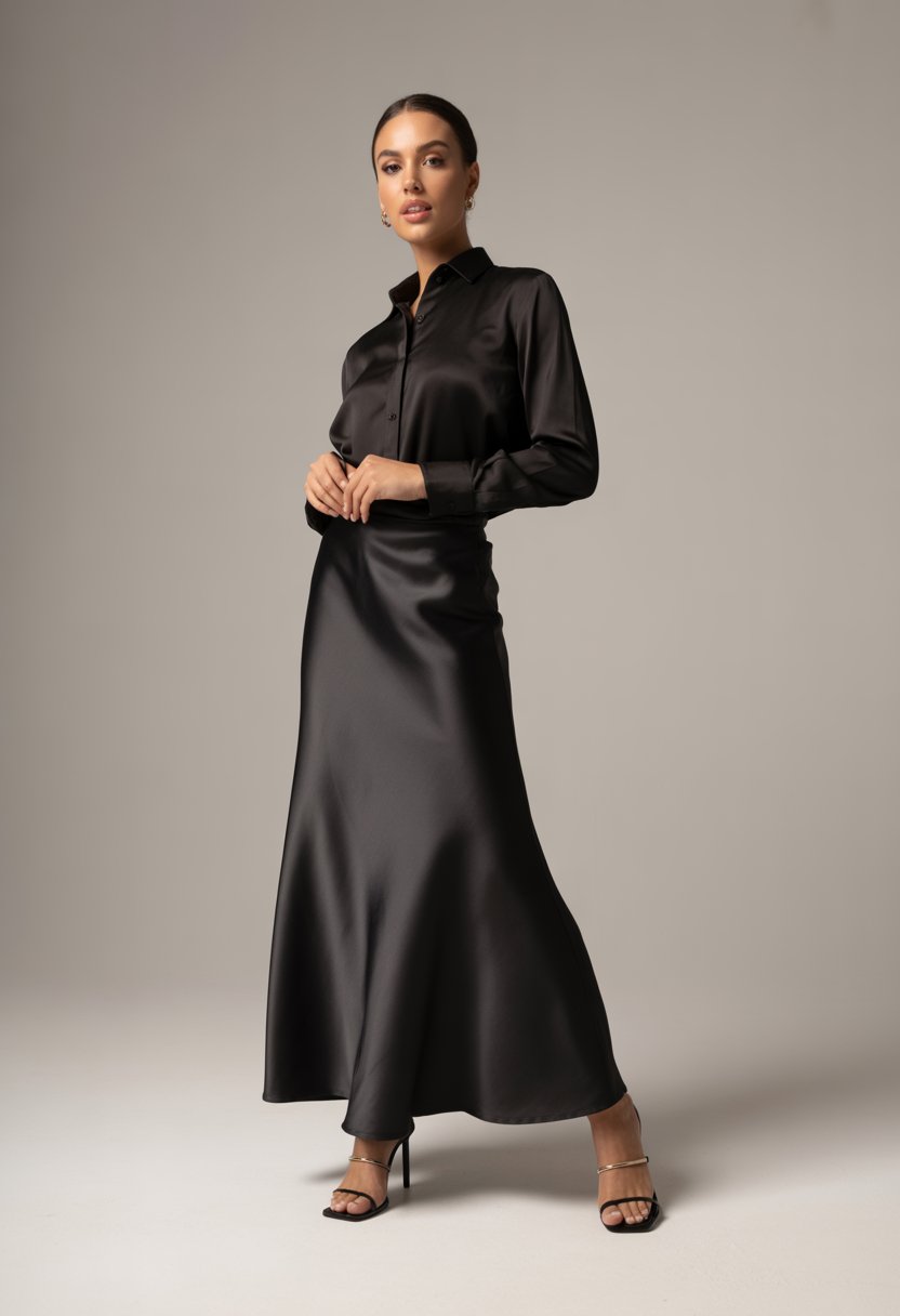 A woman standing wearing a black satin maxi skirt, black long sleeve shirt, and black strappy heeled sandals against a plain background.