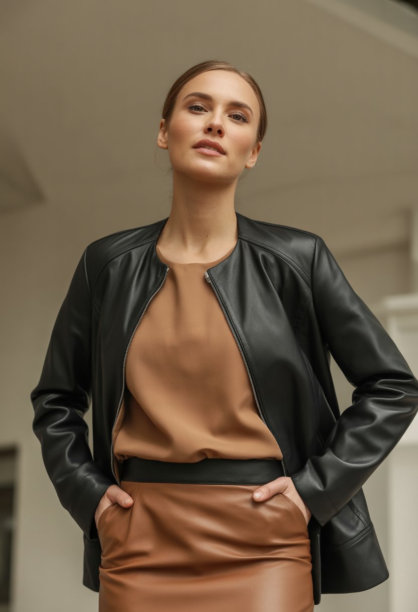 A woman wearing a black leather jacket over a brown top and matching skirt, standing against a neutral background.