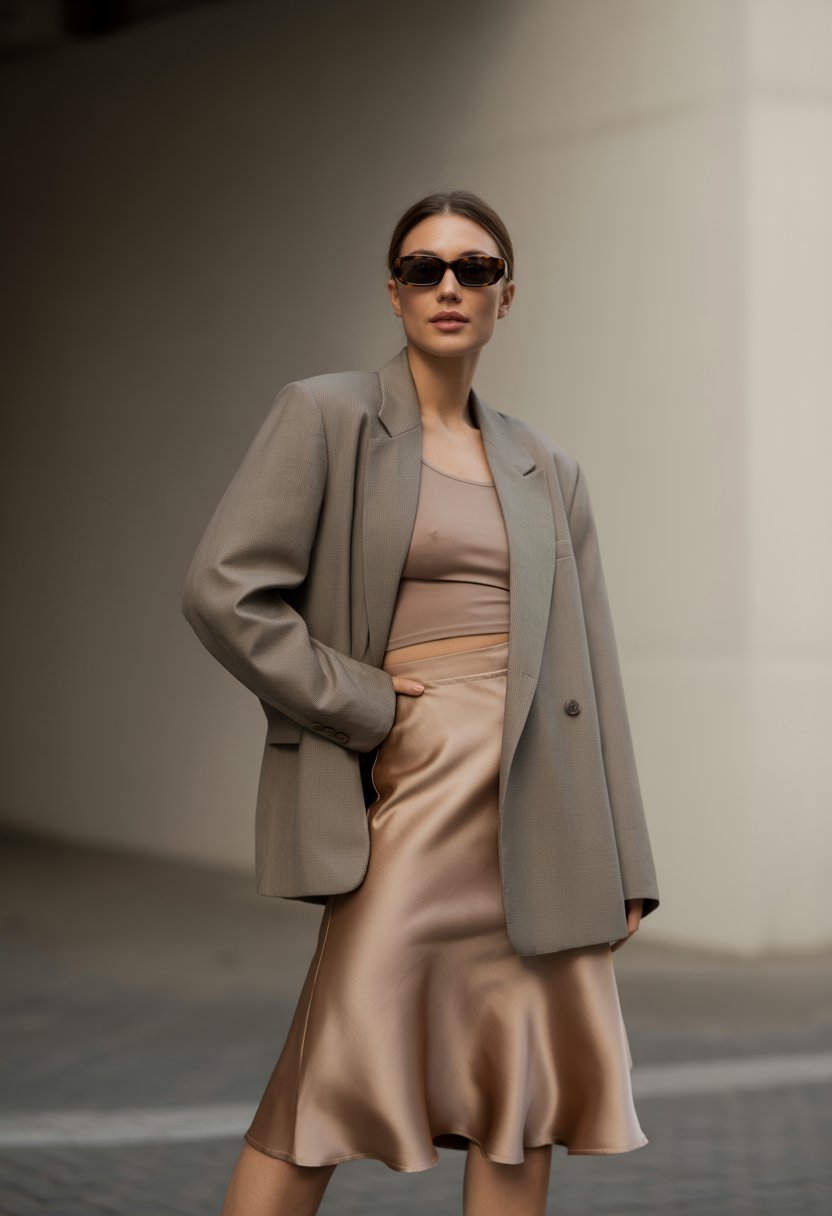 A woman wearing an oversized blazer, satin midi skirt, and dark tortoiseshell sunglasses standing outdoors in an urban setting.