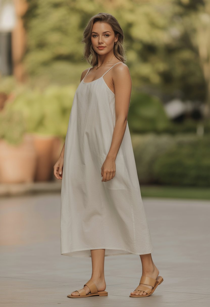 A woman standing outdoors wearing a white sundress and tan leather sandals.