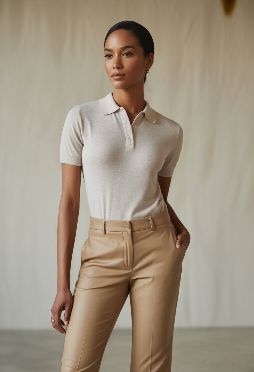 A woman standing wearing beige pants and a light polo shirt against a plain background.