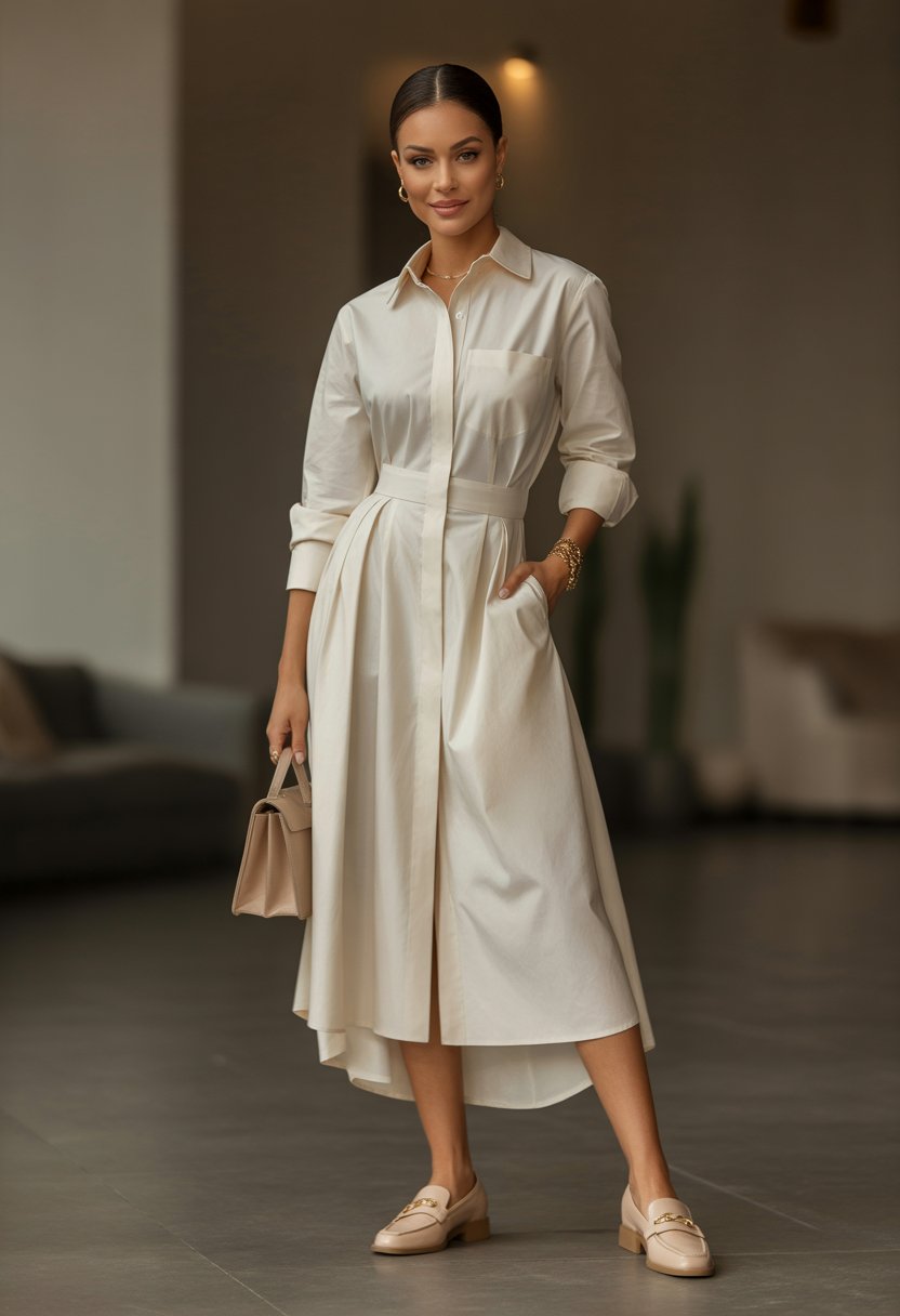 A woman standing outdoors wearing an ivory shirtdress and nude loafers.