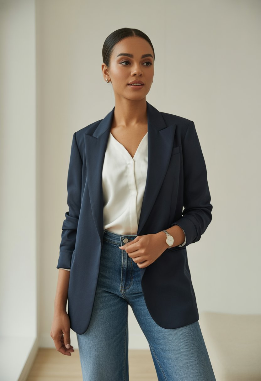 A woman standing wearing a navy blue blazer, white blouse, and straight-leg jeans against a plain background.