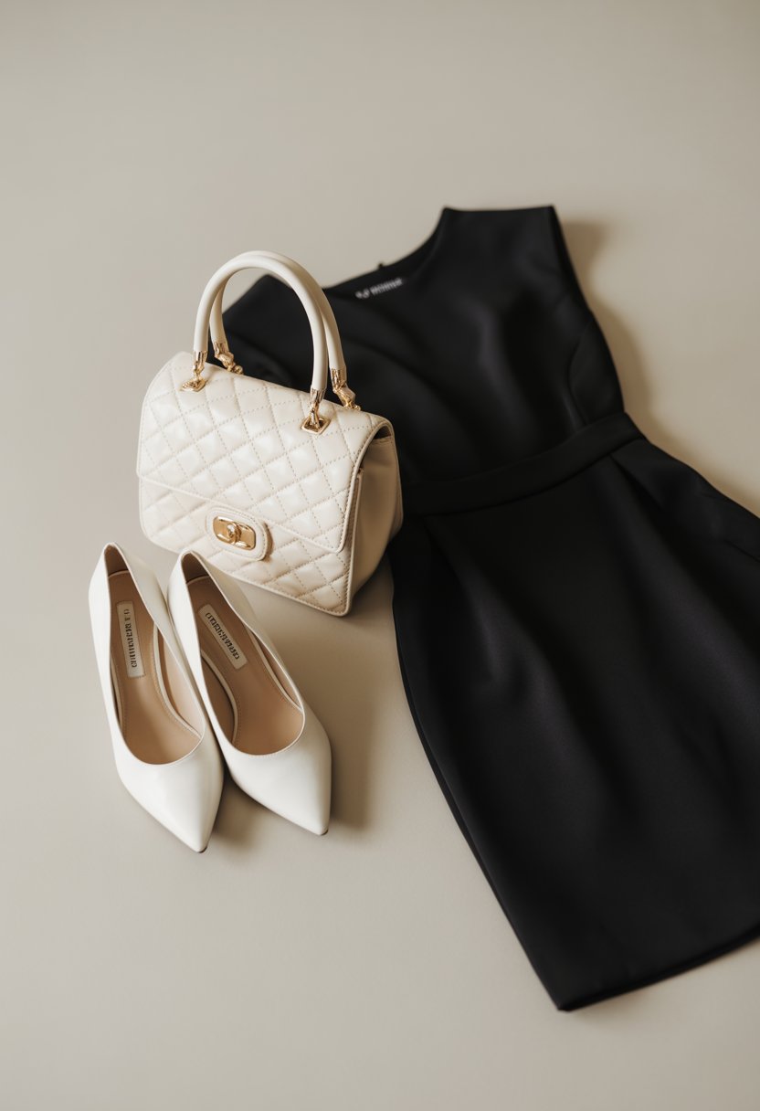 A quilted handbag next to pointed white pumps and a simple black dress arranged on a neutral background.