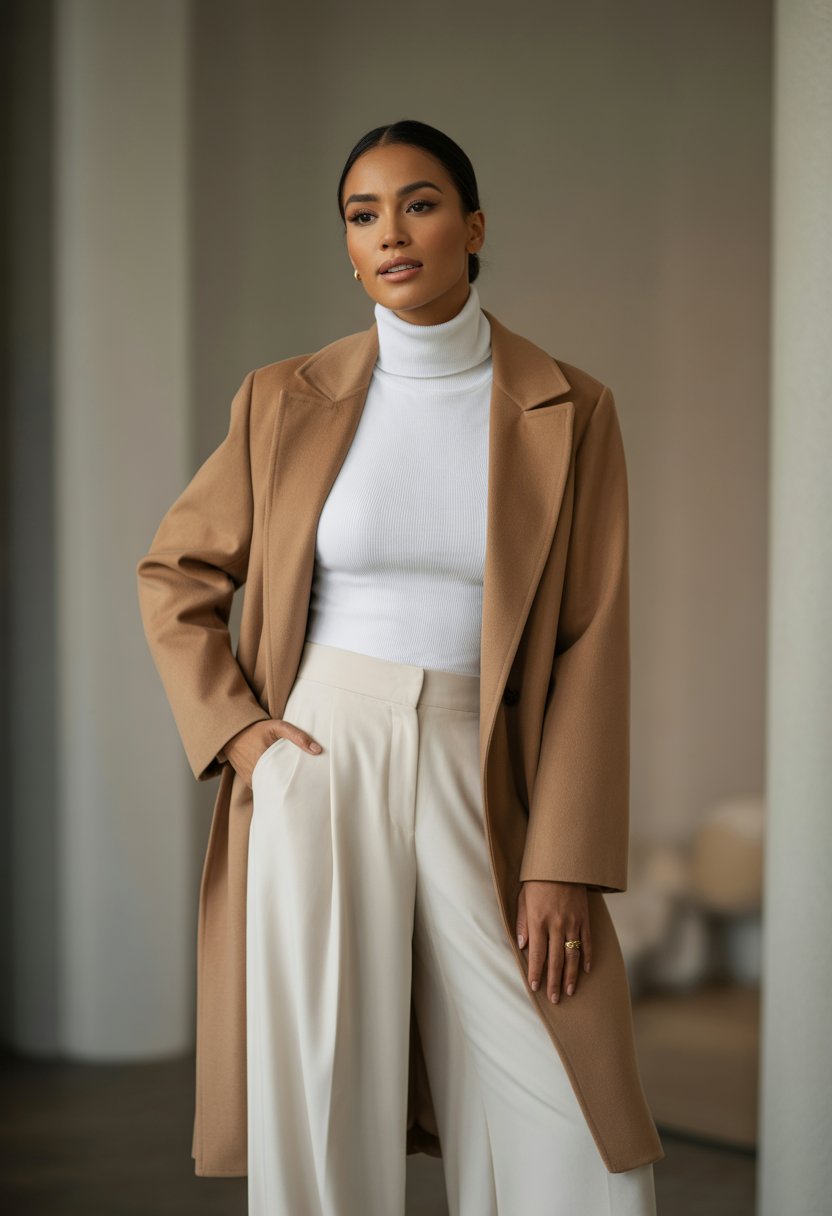A woman standing wearing a camel coat over a white turtleneck and wide-leg trousers against a plain background.