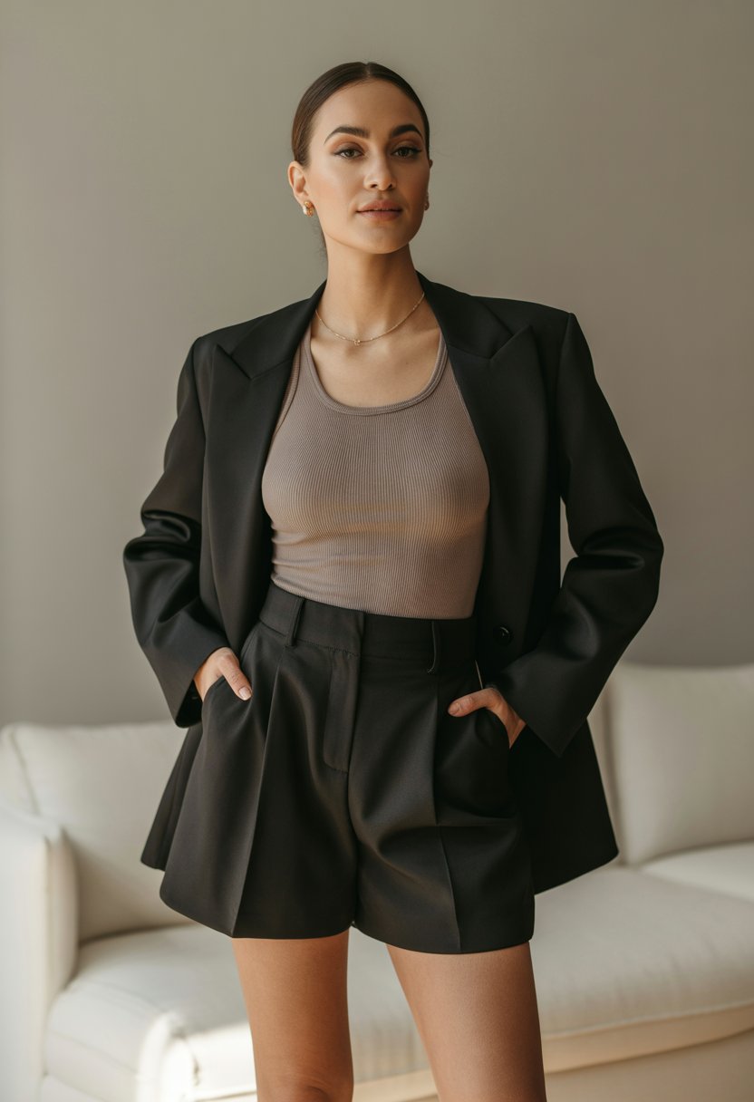 A woman standing indoors wearing black shorts and a neutral fitted tank top.